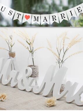 Just Married Banner and White 'Mr & Mrs' Table wDecor - White Wedding Party Set